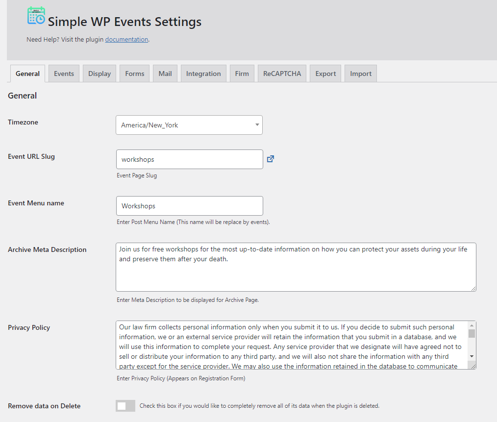 Worksshops Settings Page
