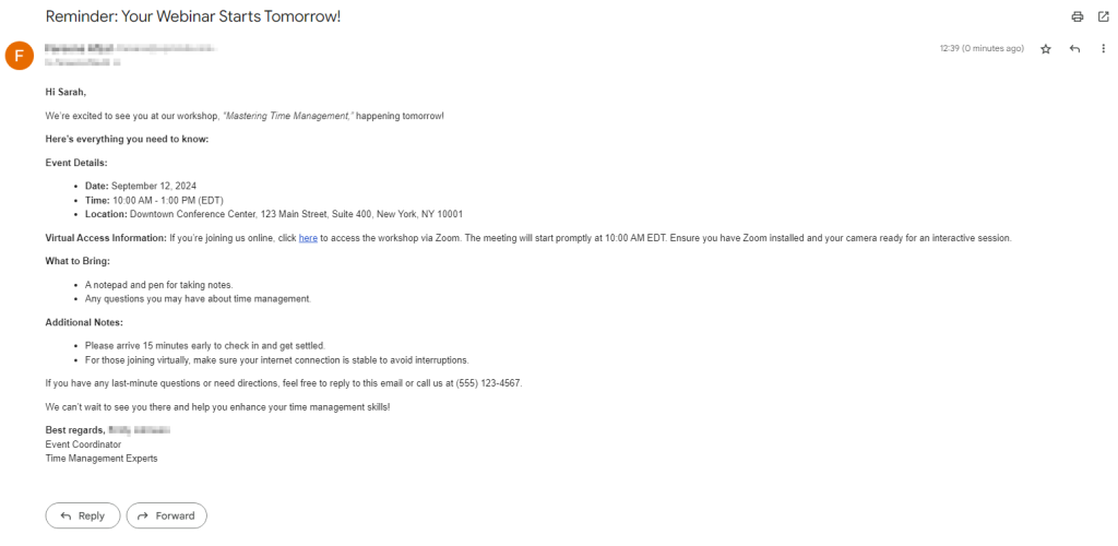 Step 5: Provide Last-Minute Instructions event reminder email